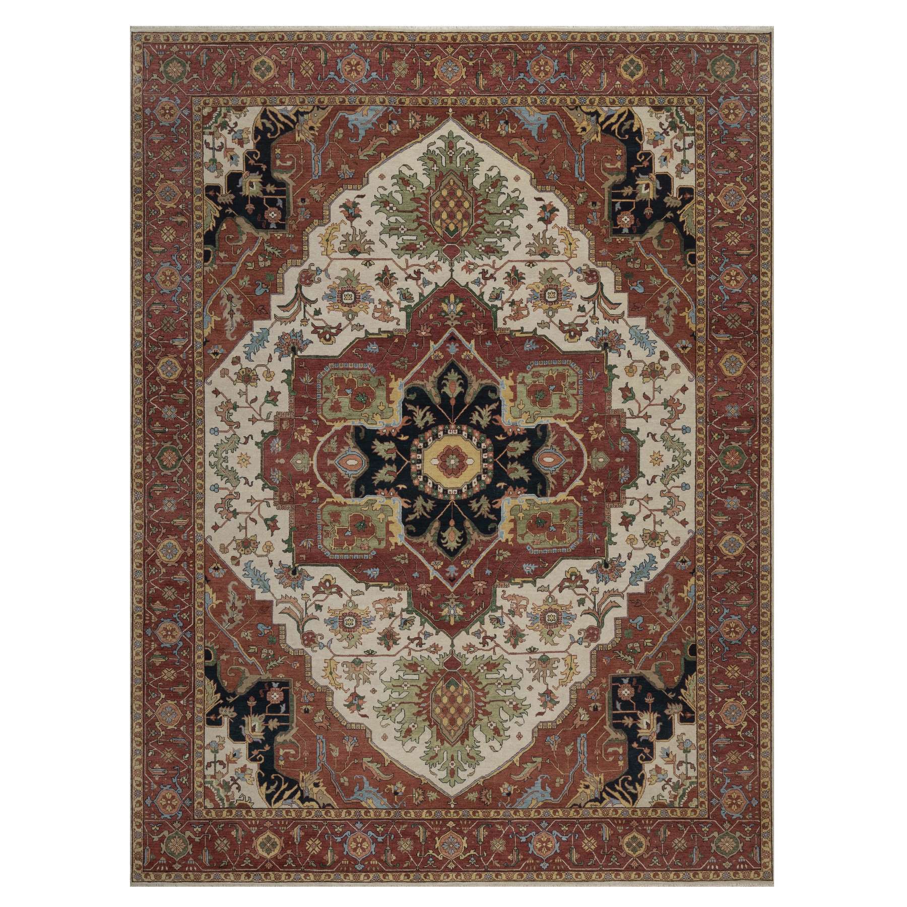9'x12' Chiffon White, Antiqued Fine Heriz Re-Creation, Medallion Design, Hand Knotted, Hand Spun New Zealand Wool, Soft Pile, Vegetable Dyes, Oriental Rug 